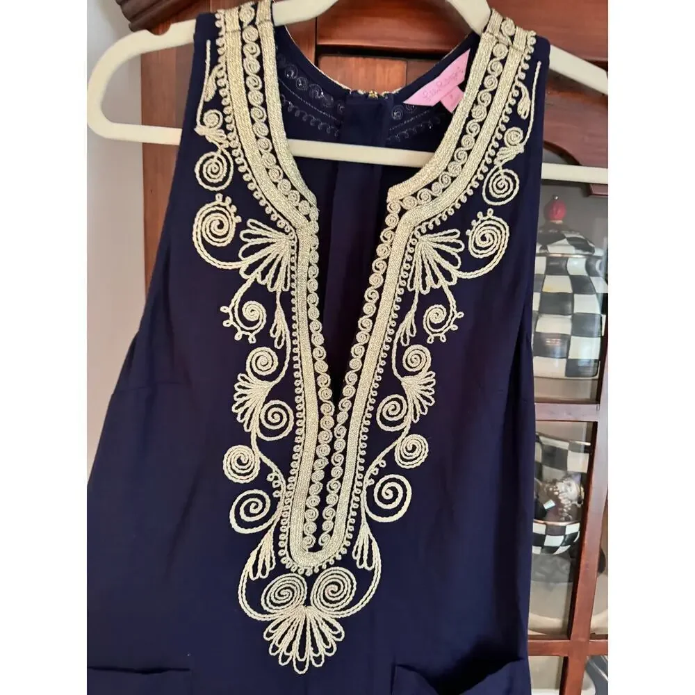 Lilly Pulitzer navy blue sleeveless shift dress gold details size 2